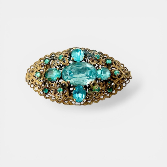 Vintage Czech Aqua Rhinestone Brooch Art Deco 1930s, Ornate Brass Filigree Oval - Picture 6 of 8